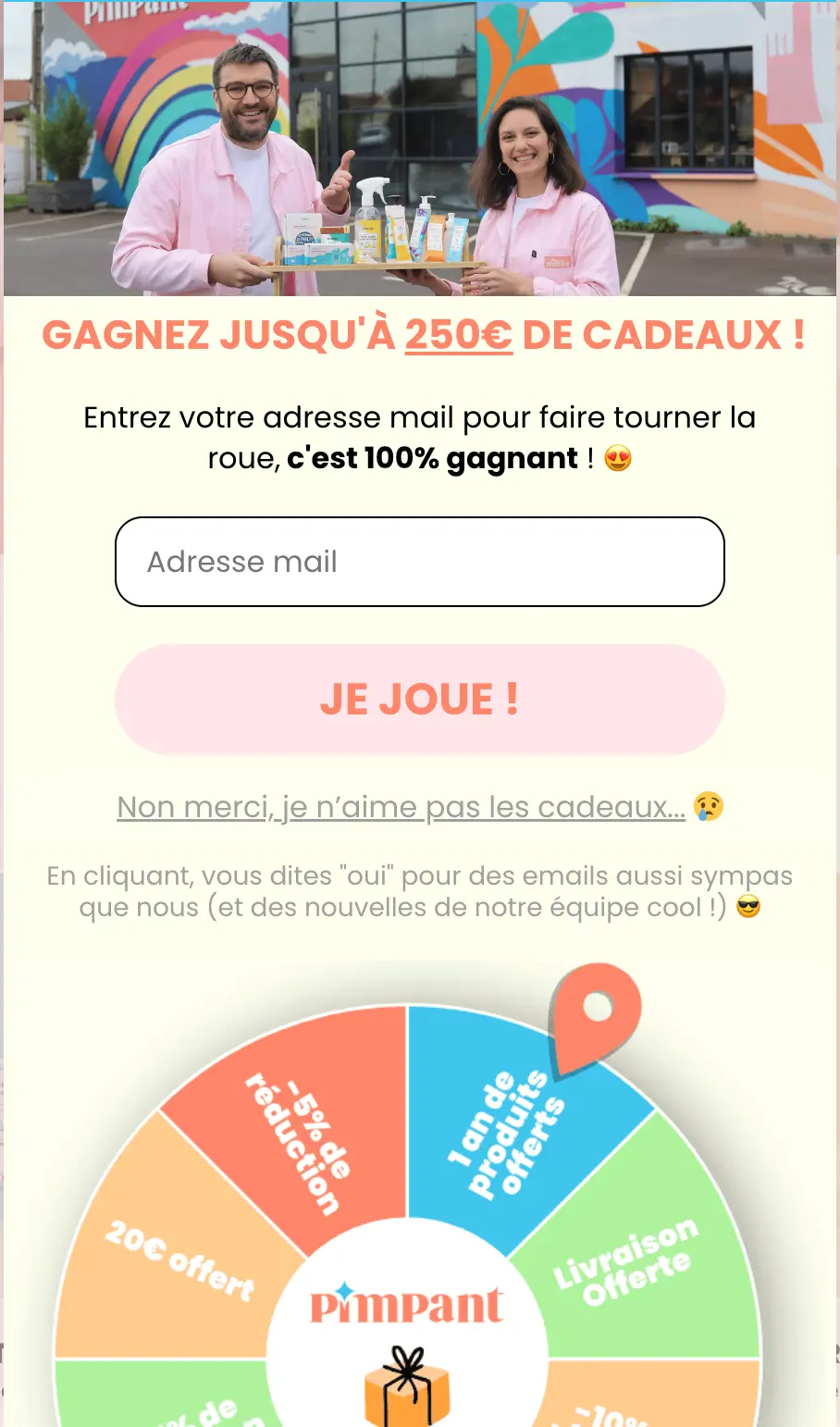 Pop-up roue gagnante pour développer une mailing list